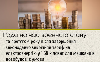 Рада на час воєнного стану та протягом року після завершення законодавчо закріпила тариф на електроенергію у 1,68 кіловат для мешканців новобудов: є умови